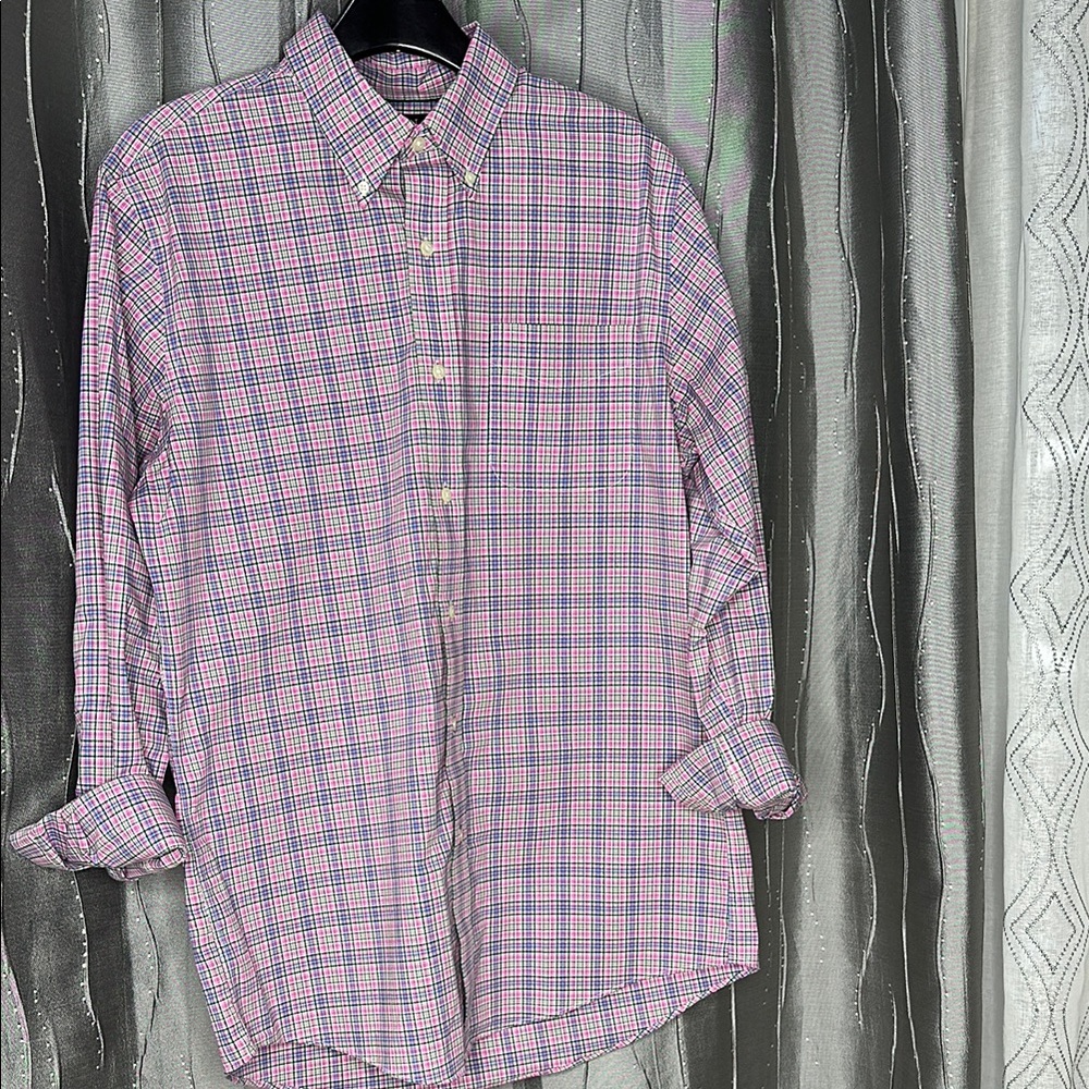 Ralph Lauren Pink&Blue Plaid Men's Shirt Sz 16 34/35 Slim Fit Stretch Non Iron